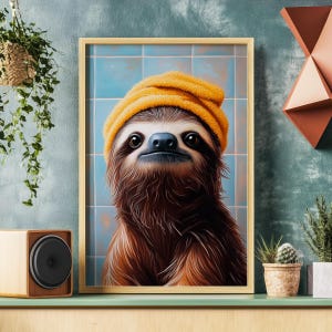 May include: A brown sloth wearing a yellow towel on its head. The sloth is looking directly at the camera. The background is a blue and white tiled wall.