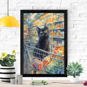 Supermarket Shopping Cart Cat Poster, Black Cat Wall Art, Funny Kitten Print, Vintage Pet Wallpaper, Home Decor Decal, Watercolor Paintings