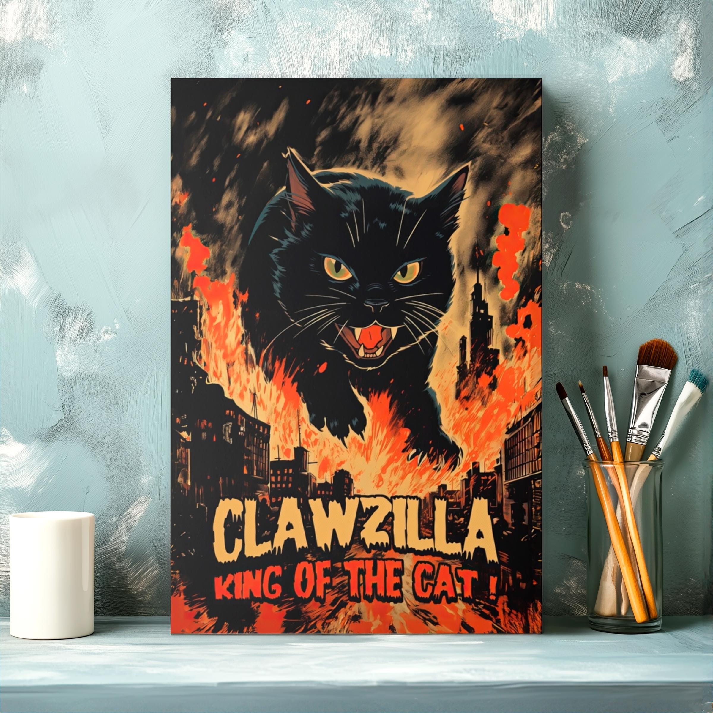 Retro Cat Monster Canvas Wall Art, Matte Stretched 0.75", Clawzilla, Giant Black Cat Print, Classic Monsters Decor, Horror Movie Lover Gift
