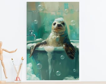 May include: A digital painting of a brown seal sitting in a bathtub filled with water and white soap bubbles. The seal has a small patch of foam on its head and is resting its flippers on the edge of the tub. The background is teal.