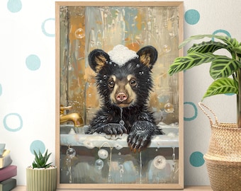 Bathtub Bubble Bath Bear Poster, Bathroom Wall Art, Black Bear Portrait, Wildlife Nursery, Vintage Oil Painting, Baby Bear Print, Bath Decor
