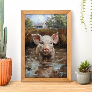 Muddy Puddles Playful Pig Poster, Pig Lover Gift, Baby Piglet Print, Cute Piggy, Farm Animals Decor, Farmhouse Wall Art, Country Farm Life