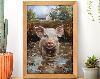 Muddy Puddles Playful Pig Poster, Pig Lover Gift, Baby Piglet Print, Cute Piggy, Farm Animals Decor, Farmhouse Wall Art, Country Farm Life