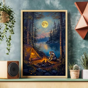 May include: A painting of a raccoon sitting by a campfire in the woods at night. The raccoon is wearing a red bandana and is holding a stick. There is a tent in the background and a full moon in the sky.