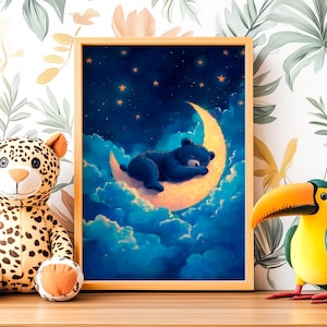 Halbmond Traumbär Poster, Bärenjunges Druck, Ursus Americanus Liebhaber, Sternennacht Wandkunst, Wildtierkindergarten, Mondhimmel Dekor