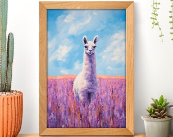 Lavender Field Llama Alpaca Poster, Llama Lover Gift, Floral Wall Art, Wildlife Home Decor, Vintage Nature Prints, Wild Animal Nursery Decal