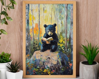 Bookworm Bear Reading Book Poster, Funny Black Bear, Book Lover, Kids Room Decor, Wildlife Wall Art, Baby Animal Nursery, Forestcore Print