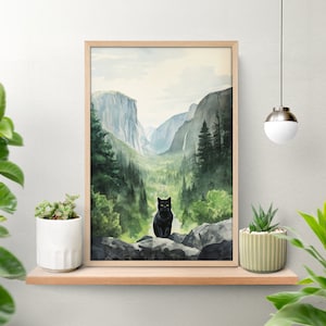 Yosemite National Park Cat Poster, Watercolor Painting, Black Cat Print, Mountain Wall Art, Home Decor Posters,  Nature Wall Art, California