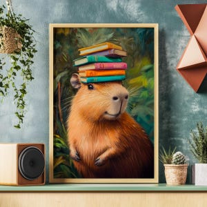 May include: A brown and white capybara wearing a stack of colorful books on its head. The capybara is sitting in a lush green jungle setting.