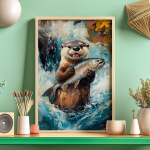 May include: A painting of a brown otter holding a silver fish in its paws. The otter is standing in a blue and white water stream. The background is a blurred painting of a forest.