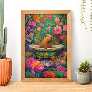 Floral Bathtub Bath Capybara Poster, Bathroom Wall Art, Funny Capybara Print, Cute Capybara, Wildlife Nursery, Flower Painting, Bath Decor