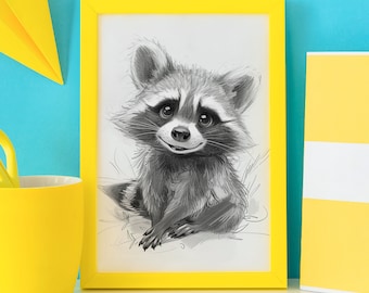 Póster vintage de retrato de mapache, arte mural en blanco y negro, estampado divertido de panda de la basura, adorable mapache para guardería, dibujo a lápiz, decoración de vida silvestre