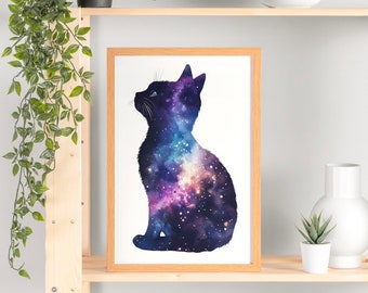 宇宙銀河猫シルエットポスター、黒猫ウォールアート、面白い子猫