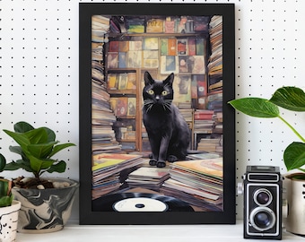 Könnte beinhalten: Eine schwarze Katze sitzt auf einem Stapel Schallplatten in einem Vintage-Plattenladen. Die Katze hat leuchtend gelbe Augen und schaut direkt auf den Betrachter. Der Laden ist gefüllt mit Regalen voller Schallplatten und anderer Musik-Erinnerungsstücke.