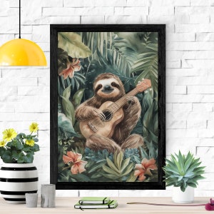 Rainforest Faultier Ukulele Musiker Poster, Lustig Faultier Wandkunst, Kinderzimmer Dekor, Wildtier Drucke, Faultier Liebhaber Geschenk, Aquarell