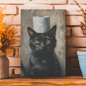 Bathroom Toilet Paper Cat Canvas Wall Art, Matte Stretched 0.75&quot;, Black Cat Print, Pet Kitten Portrait, Quirky Animals Nursery, Bath Decor