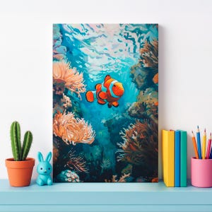 Underwater Clownfish Coral Reef Canvas Wall Art, Matte Stretched 0.75&quot;, Aquarium Print, Fish Tank Decor, Tropical Fish, Marine Life Nursery