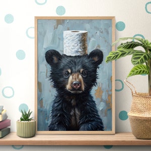 Poster di carta igienica per il bagno, regalo per gli amanti degli orsi neri, stampa di orsetti, cameretta per bambini con animali selvatici, ritratto di animali, arte murale per il bagno, decorazioni per il bagno