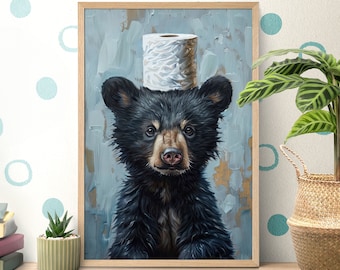 Bathroom Toilet Paper Bear Poster, Black Bear Lover Gift, Baby Bear Print, Wildlife Nursery, Animal Portrait, Toilet Wall Art, Bath Decor