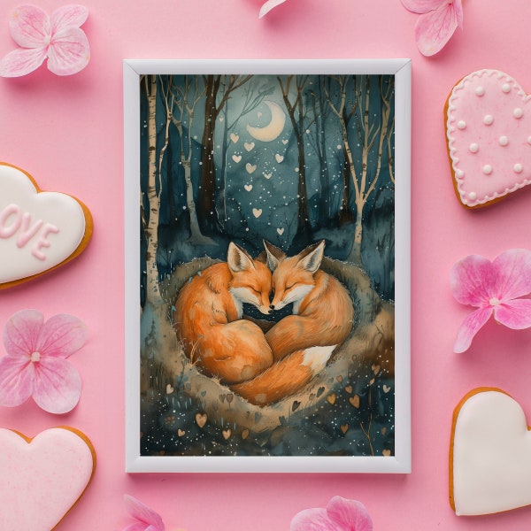 Romantic Forest Foxes Love Poster, Funny Fox Wall Art, Wildlife Home Decor, Vintage Nature Prints, Watercolor Paintings, Animal Lover Gift