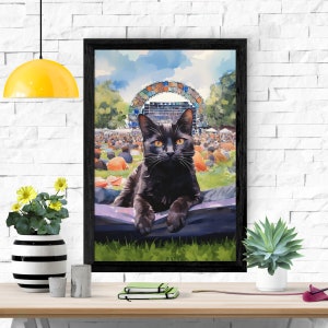 Music Festival Chill Cat Poster, Black Cat Wall Art, Retro Cat Print, Funny Kitten, Home Decor Decal, Kitty Wallpaper, Watercolor Paintings