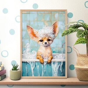 May include: A painting of a fennec fox taking a bath in a blue bathtub with white bubbles. The fox has a white fluffy head and is looking at the viewer.