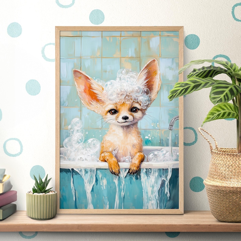 May include: A painting of a fennec fox taking a bath in a blue bathtub with white bubbles. The fox has a white fluffy head and is looking at the viewer.