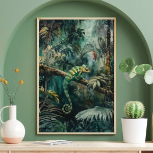 May include: A watercolor painting of a green chameleon perched on a branch in a lush jungle setting. The chameleon has a bright green body with yellow stripes and is surrounded by vibrant green foliage.
