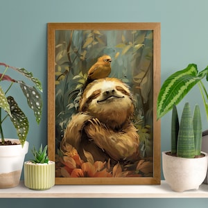 Freudiges Faultier Und Vogel Poster, Lustiges Faultier Wandbild, Faultier Liebhaber Geschenk, Wildtier Kinderzimmer, Waldvogel Dekor, Wildtier Druck, Vögelchen Farben