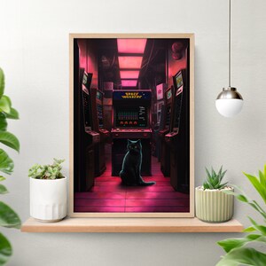 Arcade Room Cat Poster, Black Cat Art, Funny Kitten Print, 80s Arcade Pattern, Retro Arcade Wall Art, Home Decor Poster, Dark Academia Decor