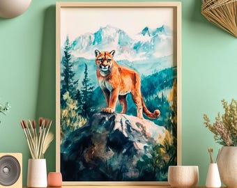 Könnte beinhalten: Ein Aquarellbild eines Berglöwen, der auf einem Felsen in einer Waldlandschaft steht. Der Löwe ist braun und orange mit einer weißen Brust und einer schwarzen Nase. Der Hintergrund ist ein Aquarell aus Blau und Grün mit einer Bergkette in der Ferne.