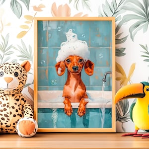 May include: A brown and white dachshund dog with a white soapy foam hat sits in a blue bathtub with white bubbles. The dog is looking at the camera with a happy expression. The background is a blue tiled wall.