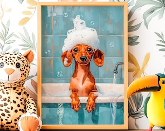 Puede incluir: Un perro salchicha marrón y blanco con un sombrero de espuma de jabón blanco se sienta en una bañera azul con burbujas blancas. El perro mira a la cámara con una expresión feliz. El fondo es una pared de azulejos azules.