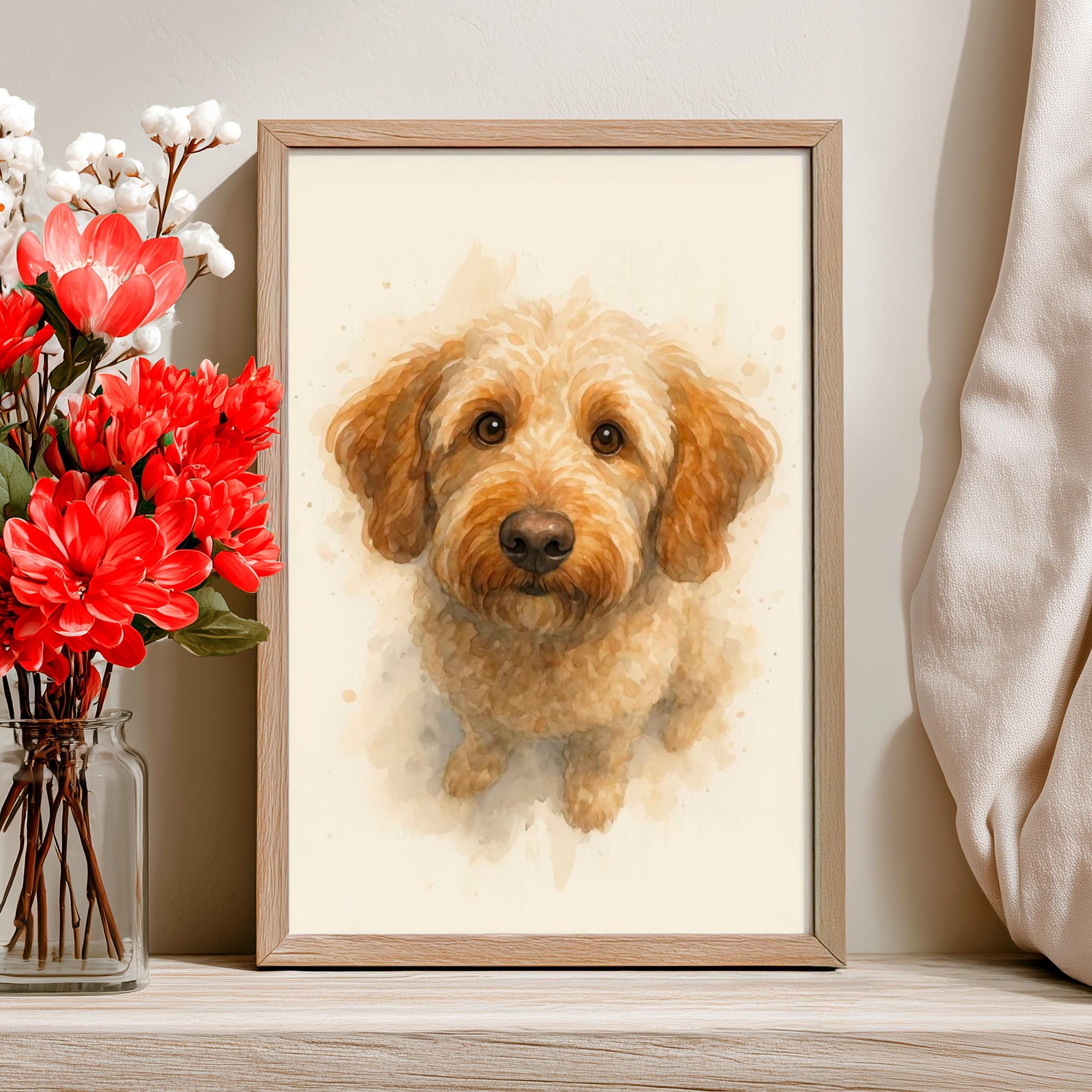 Whimsical Watercolor Labradoodle Aerial Poster: Adorable Dog Wall