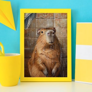 Capybara in Rain Shower Poster: Funny Bathroom Wall Art