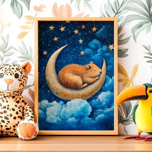 Mondsichel Capybara Poster, Wasserschwein Poster, Wasserschwein Liebhaber, Sternennacht Wandbild, Wildtier Kinderzimmer Dekoration, Mondschein Himmel Malerei