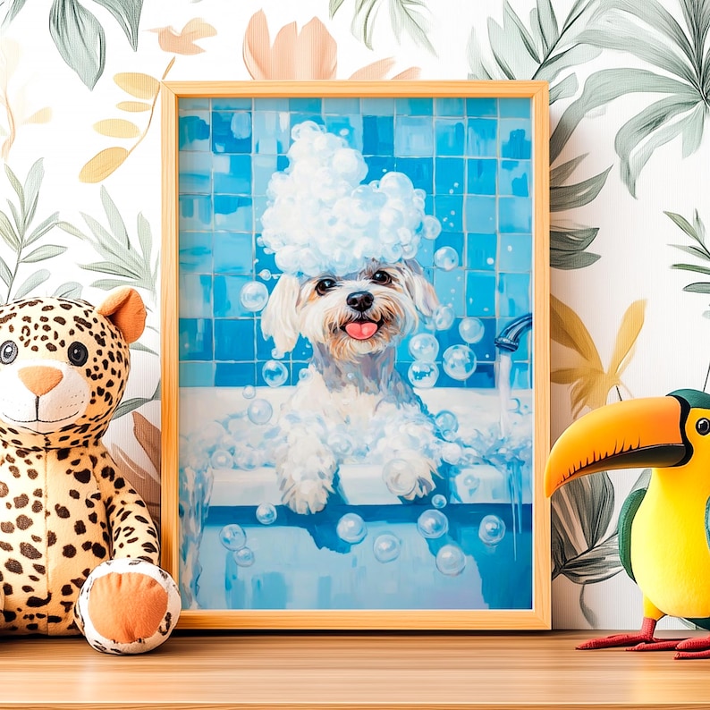 Buy Bathtub Bubble Bath Maltese Poster, Bathroom Wall Art, Toy Breed