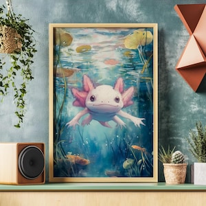 アホロートルが泳ぐ湖の植物のポスター、アキシー愛好家、メキシカンサラマンダーのプリント、ウォーターモンスターのウォールアート、水中動物、水生保育室の装飾