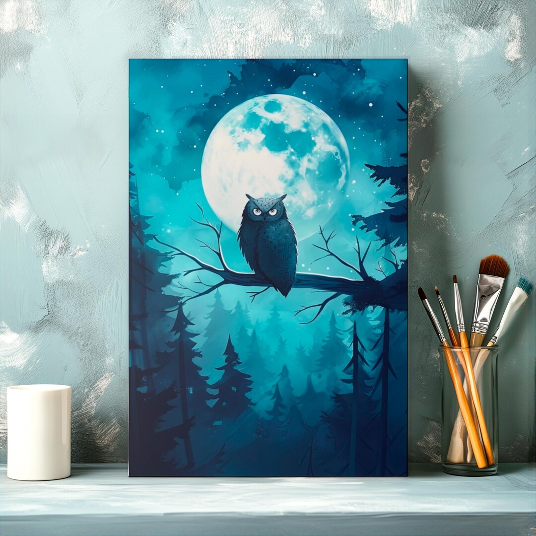Moonlight Forest Wise Owl Canvas Wall Art, Matte Stretched 0.75", Night ...