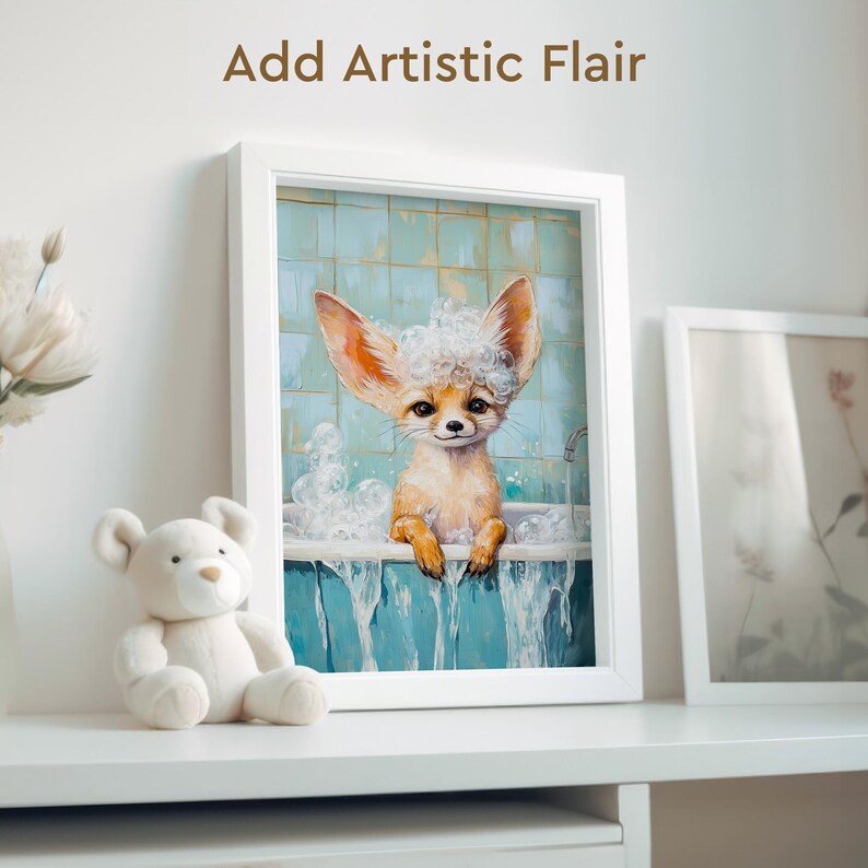 May include: A painting of a fox taking a bath in a blue bathtub with white bubbles. The fox has a white fluffy towel on its head and is looking at the viewer. The painting is framed in a white frame.