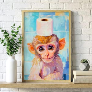 Monkey With Toilet Paper Poster, Whimsical Jungle Wildlife Bathroom Nursery Wall Art Decor