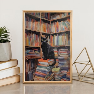 Vintage Bookstore Cat Jigsaw Puzzle, 110/252/520/1014 Piece, Kids Adults Puzzle, Puzzle Wall Decor, Family Activity, Black Kitten Art Puzzle