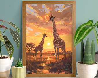 Sunset Savannah Giraffe Family Poster, Funny Giraffe Wall Art, Safari Animals Nursery, Vintage Nature Print, Kids Room Decor, Mom And Baby
