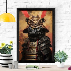 Samurai Armor Warrior Cat Poster, Black Cat Wall Art, Funny Cat Gift, Cat Wallpaper, Japanese Art, Vintage Decor, Cat Portrait, Shogun Print