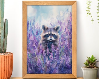 Lavender Field Cute Raccoon Poster, Funny Trash Panda Print, Raccoon Lover Gift, Watercolor Paintings, Floral Wall Art, Wildlife Home Decor