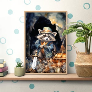 Treasure Hunter Raccoon Adventurer Poster, Cute Trash Panda Print, Raccoon Lover Gift, Animal Wall Art, Kid Room Decor, Nursery Wallpaper