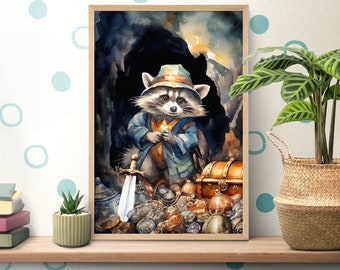 Treasure Hunter Raccoon Adventurer Poster, Cute Trash Panda Print, Raccoon Lover Gift, Animal Wall Art, Kid Room Decor, Nursery Wallpaper