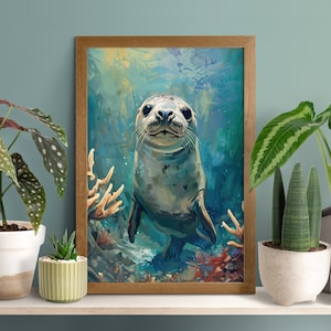 Lindo y curioso cartel del acuario de focas, regalo para amantes de las focas, impresiones de focas bebés, pintura de focas de puerto, decoración de vivero náutico, arte de pared de animales marinos
