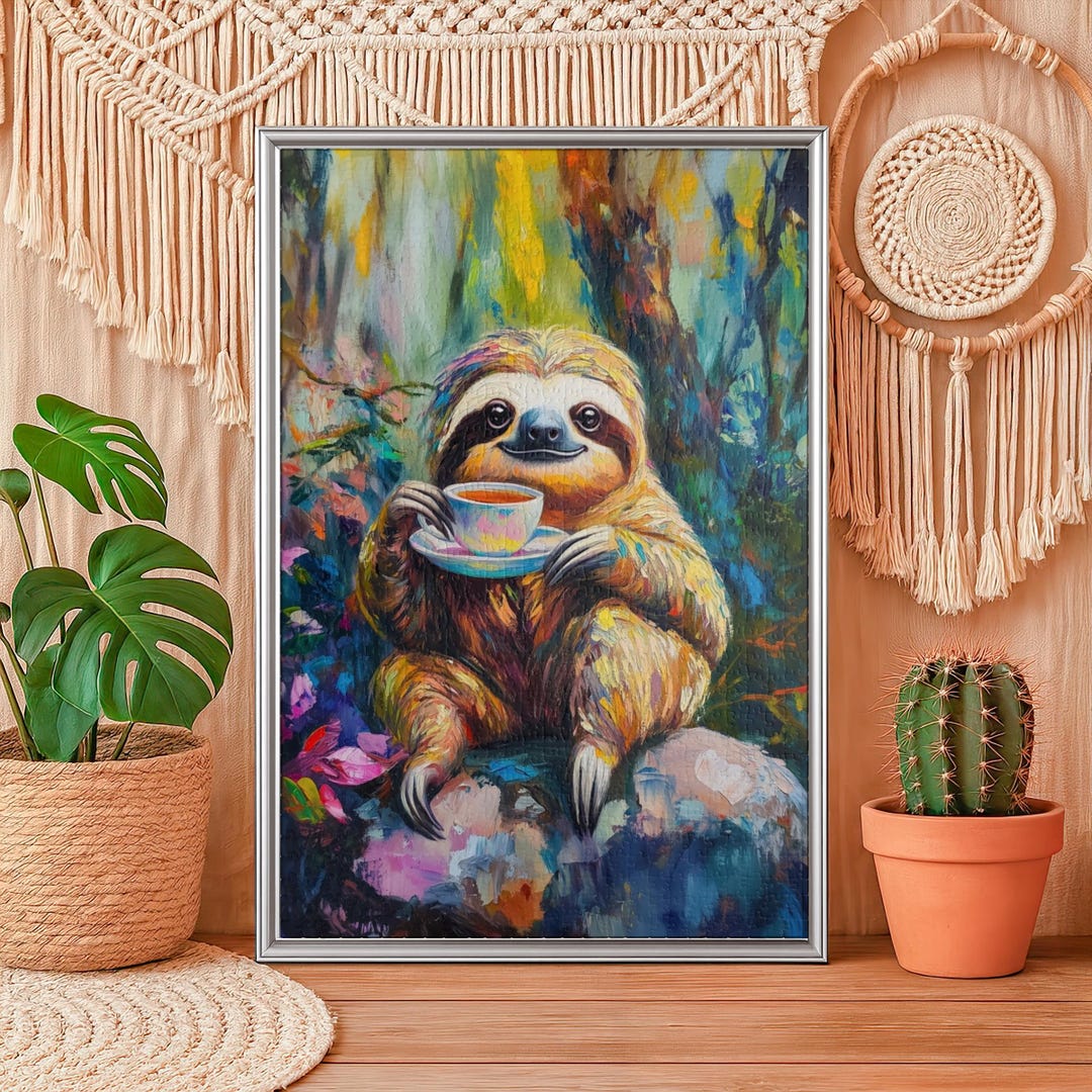 Tea Time Sloth Jigsaw Puzzle, Whimsical Animal Cafe Wall Art Nursery ...