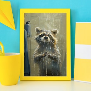 Bathroom Rain Shower Raccoon Poster, Funny Trash Panda Print, Raccoon Lover Gift, Oil Painting, Animal Portrait, Toilet Wall Art, Bath Decor